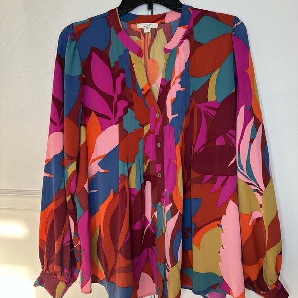 EASEL BOHO MULTI ABSTRACT LEAF PRINT LONG SLEEVE BUTTON-UP TOP M - Picture 2 of 11